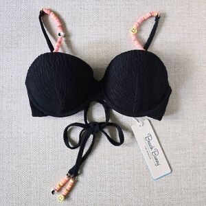 BEACH BUNNY Rockie String Bikini Top Underwire Beaded Boho Medium 90s Black